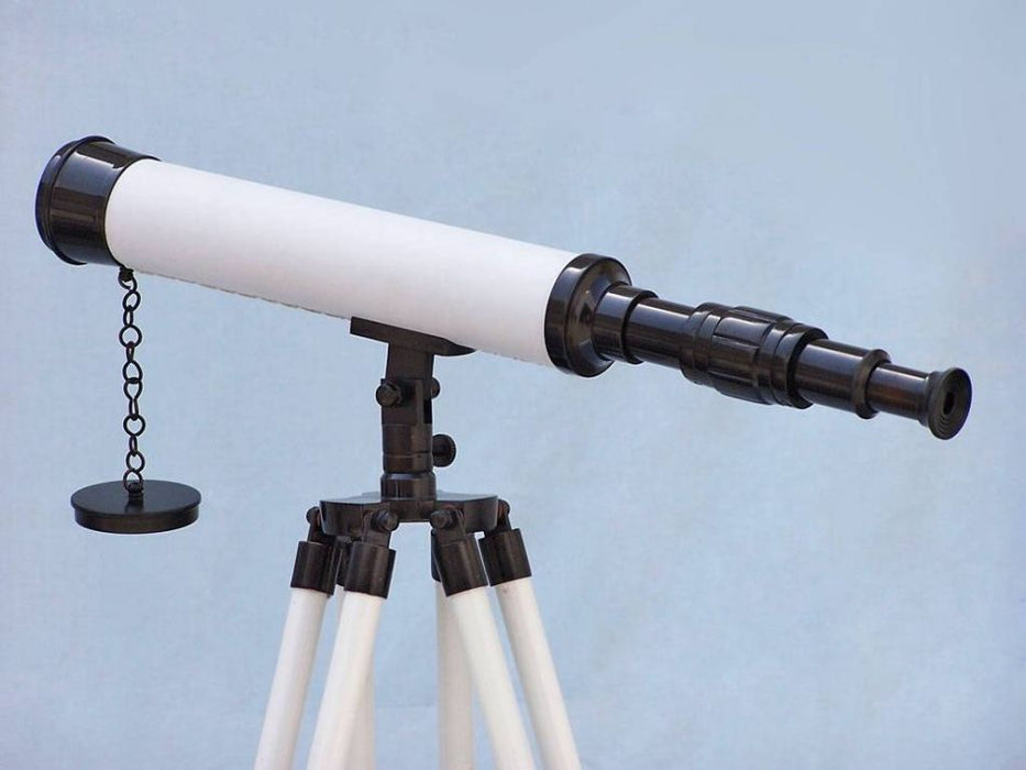Hampton Nautical 50-Inch Floor Standing Bronze with White Leather Harbor Master Telescope Body Eyepiece Left Profile