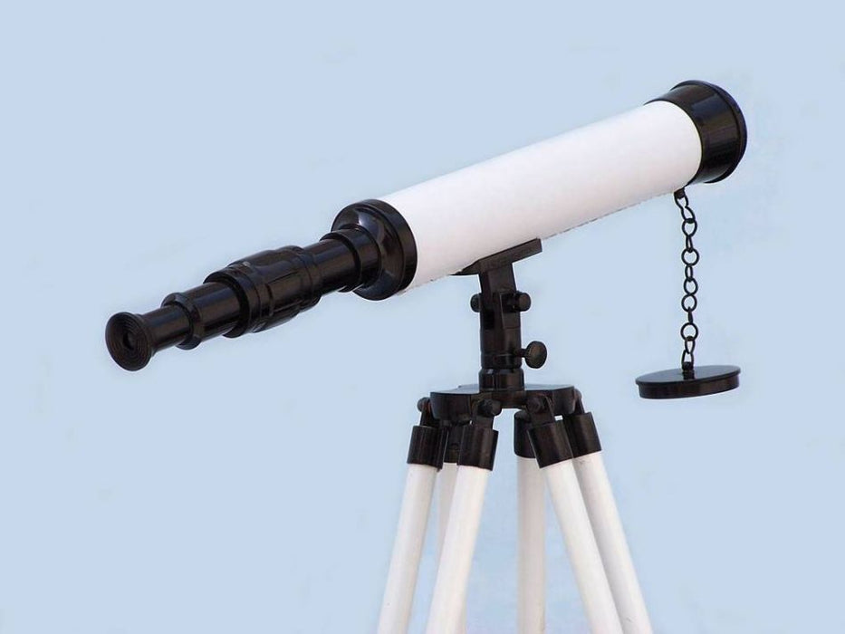 Hampton Nautical 50-Inch Floor Standing Bronze with White Leather Harbor Master Telescope Body Eyepiece Right Profile
