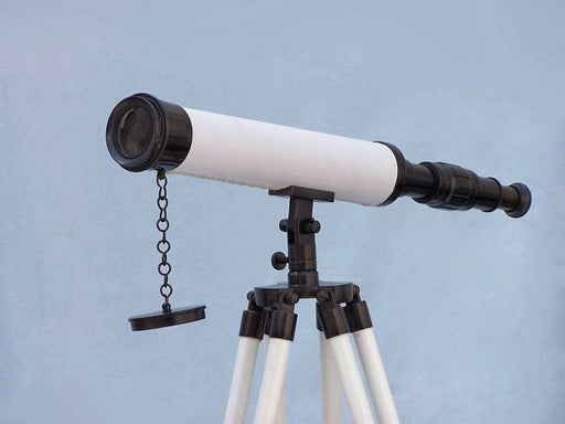 Hampton Nautical 50-Inch Floor Standing Bronze with White Leather Harbor Master Telescope Body Side Profile Left