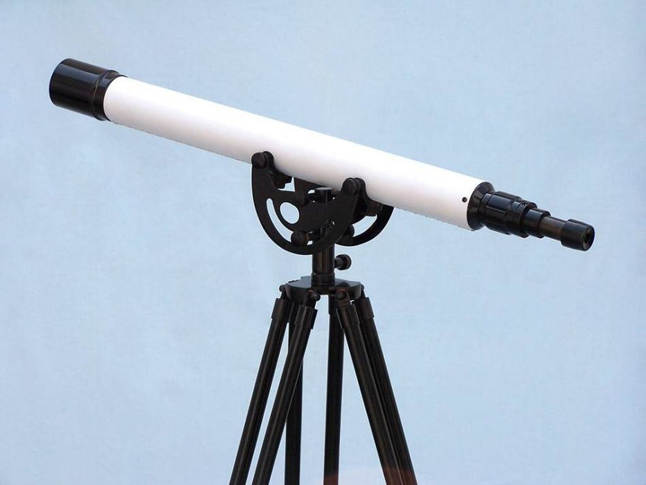 Hampton Nautical 50-Inch Floor Standing Oil-Rubbed Bronze White Leather with Black Stand Anchormaster Telescope Body on Tripod Side Profile Left