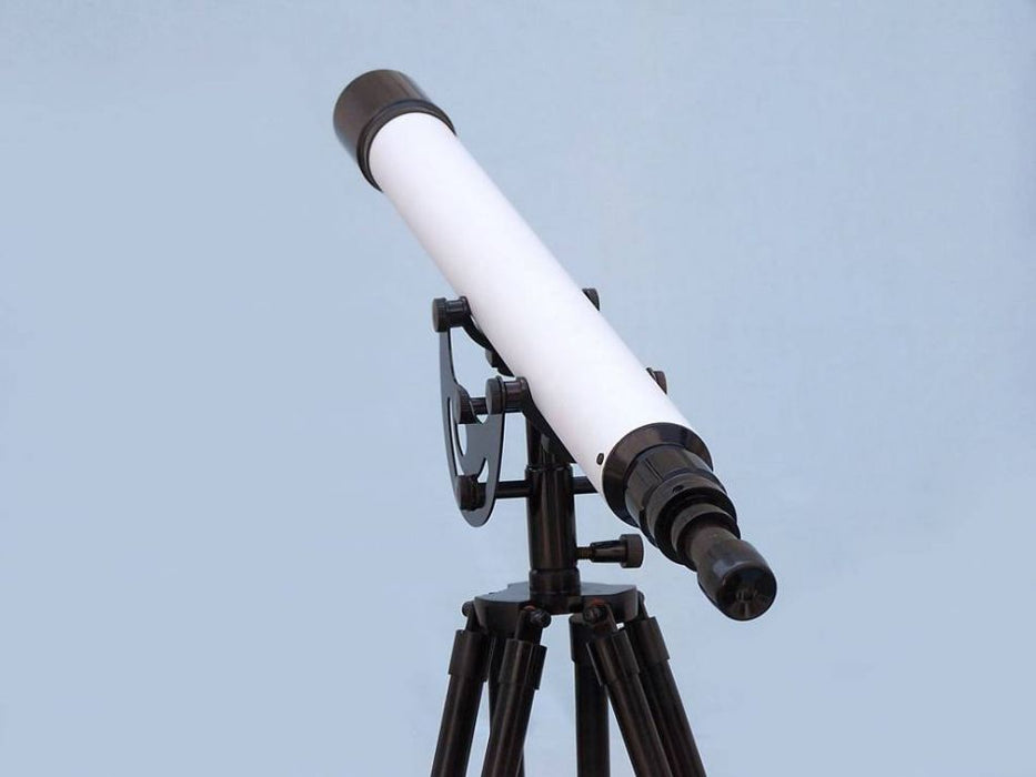 Hampton Nautical 50-Inch Floor Standing Oil-Rubbed Bronze White Leather with Black Stand Anchormaster Telescope Rear Body Eyepiece Left Side Profile