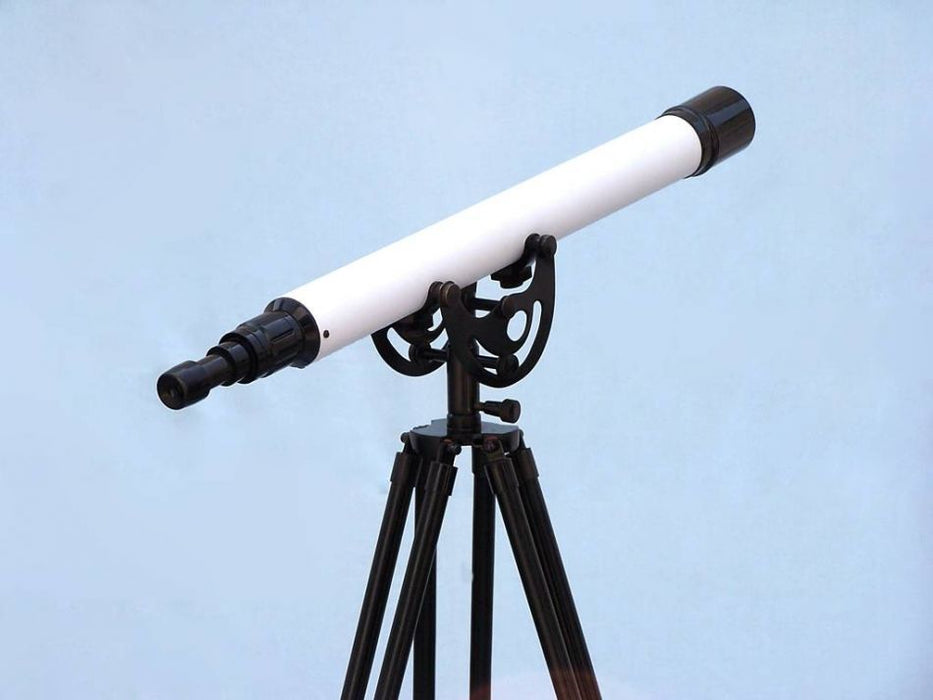 Hampton Nautical 50-Inch Floor Standing Oil-Rubbed Bronze White Leather with Black Stand Anchormaster Telescope Rear Body Eyepiece Right Side Profile