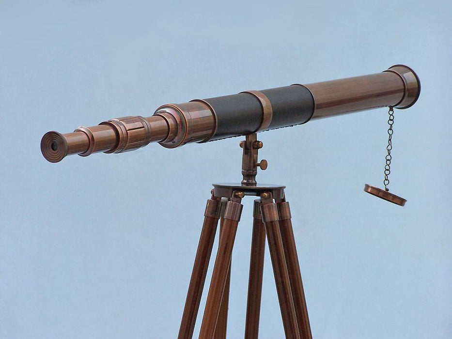 Hampton Nautical 60-Inch Admirals Floor Standing Antique Copper with Leather Telescope Body on Tripod Side Profile Right