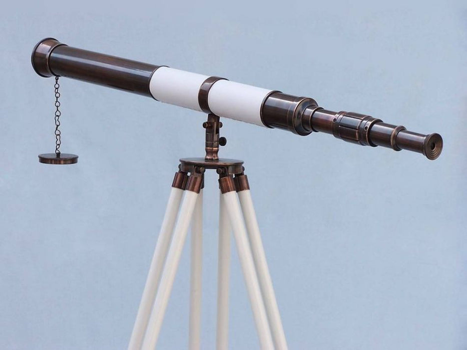 Hampton Nautical 60-Inch Admirals Floor Standing Antique Copper with White Leather Telescope Body Rear Eyepiece Left Profile