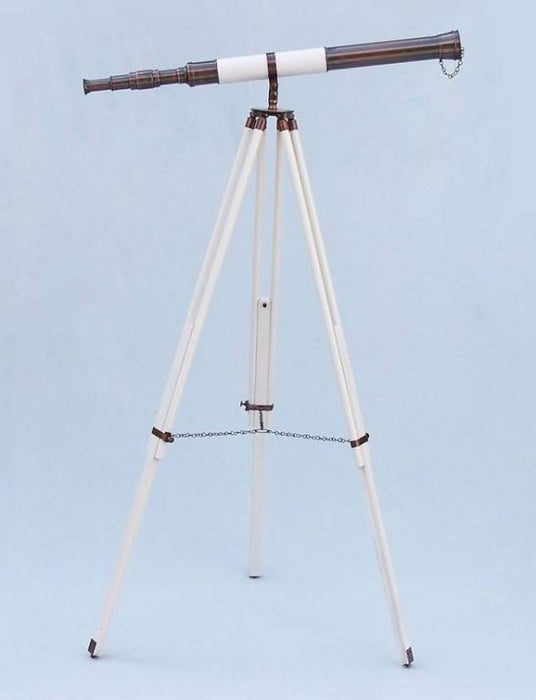 Hampton Nautical 60-Inch Admirals Floor Standing Antique Copper with White Leather Telescope Mounted on Tripod with Extended Legs Right Profile