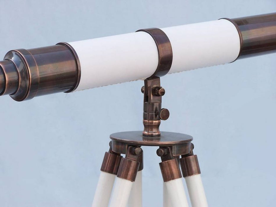 Hampton Nautical 60-Inch Admirals Floor Standing Antique Copper with White Leather Telescope Tripod Body Base with Knob