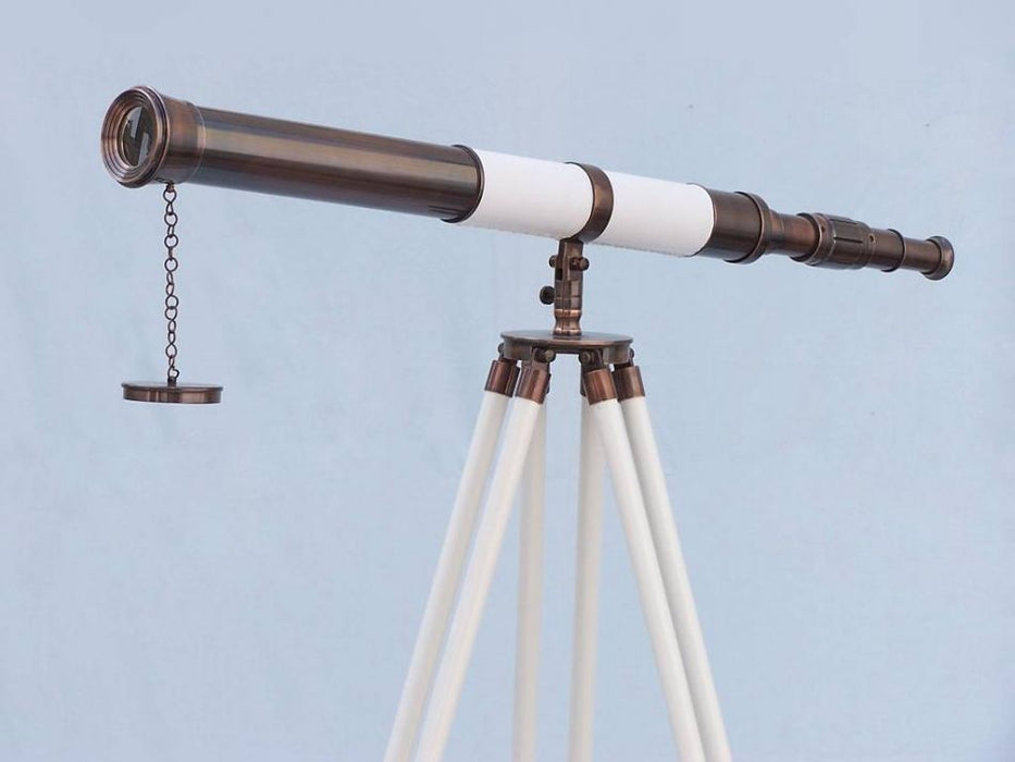 Hampton Nautical 60-Inch Admirals Floor Standing Antique Copper with White Leather Telescope on Tripod