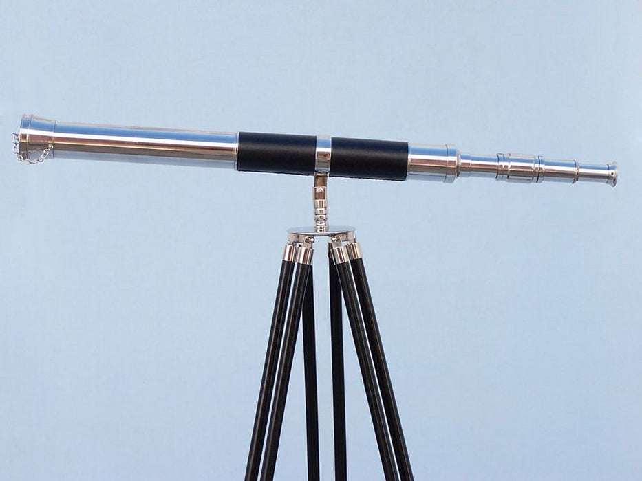 Hampton Nautical 60-Inch Admirals Floor Standing Chrome with Leather Telescope Body Side Profile Left