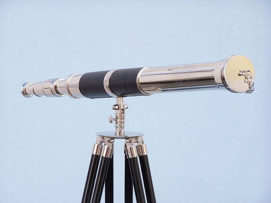Hampton Nautical 60-Inch Admirals Floor Standing Chrome with Leather Telescope Objective Lens with Cap