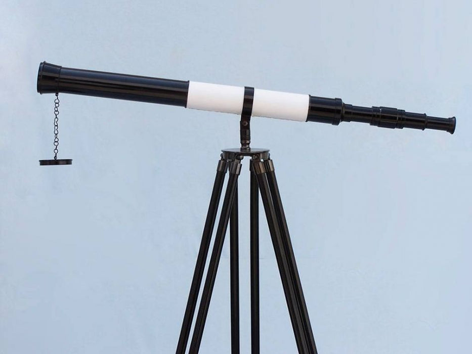 Hampton Nautical 60-Inch Admirals Floor Standing Oil Rubbed Bronze-White Leather with Black Stand Telescope Body Side Profile Left