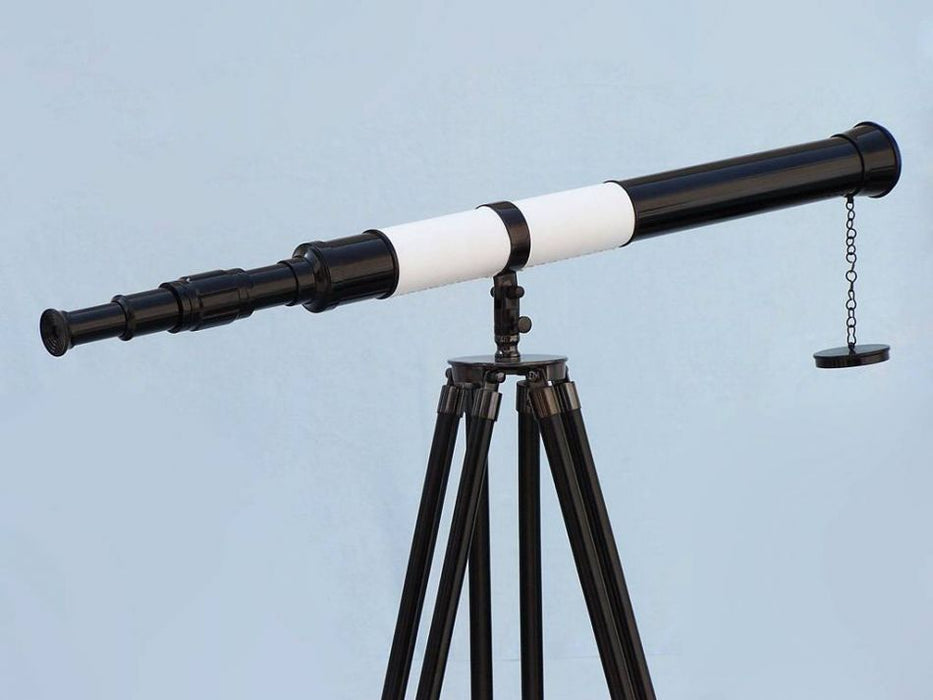 Hampton Nautical 60-Inch Admirals Floor Standing Oil Rubbed Bronze-White Leather with Black Stand Telescope Body Standing Up