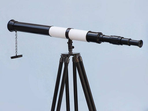 Hampton Nautical 60-Inch Admirals Floor Standing Oil Rubbed Bronze-White Leather with Black Stand Telescope Body on Tripod Standing Up