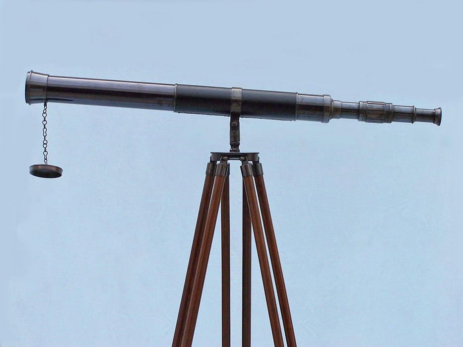 Hampton Nautical 60-Inch Admirals Floor Standing Oil Rubbed Bronze with Leather Telescope Body on Tripod Side Profile Left