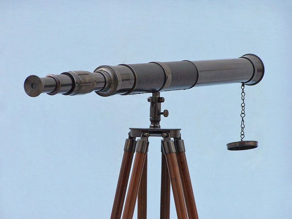 Hampton Nautical 60-Inch Admirals Floor Standing Oil Rubbed Bronze with Leather Telescope Body on Tripod Side Profile Right