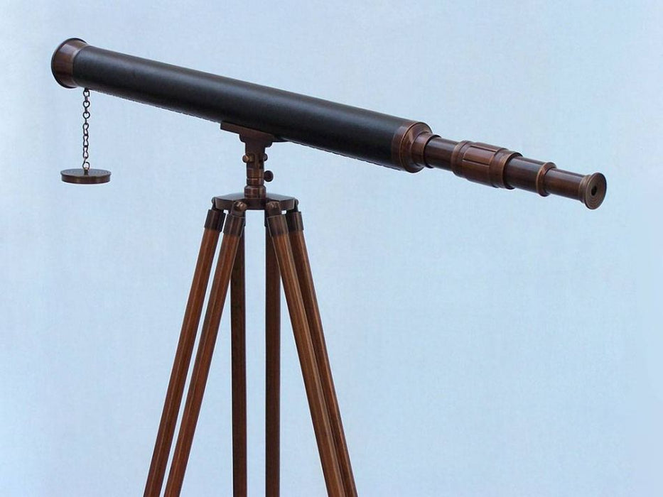 Hampton Nautical 60-Inch Floor Standing Antique Copper with Leather Harbor Master Telescope Rear Body Eyepiece Side Profile Left