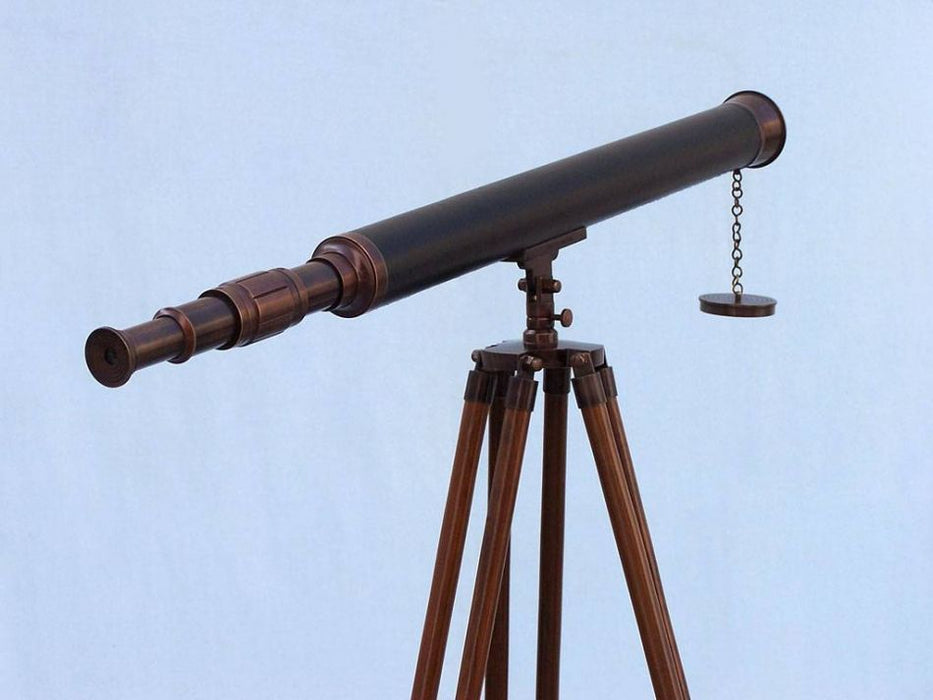 Hampton Nautical 60-Inch Floor Standing Antique Copper with Leather Harbor Master Telescope Rear Body Eyepiece Side Profile Right