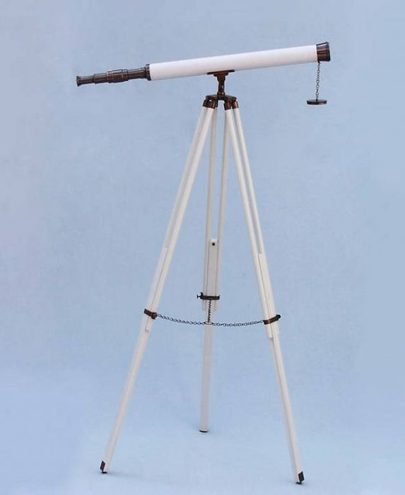 Hampton Nautical 60-Inch Floor Standing Antique Copper with White Leather Harbor Master Telescope Body Mounted on Tripod with Extended Legs