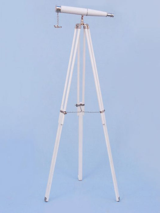 Hampton Nautical 62-Inch Collection Chrome with White Leather Binoculars on Adjusted Tripod