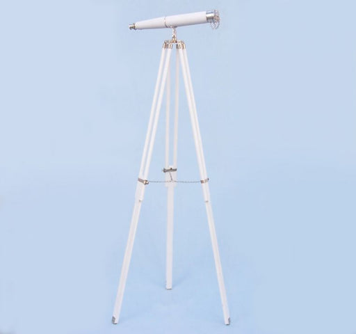 Hampton Nautical 62-Inch Collection Chrome with White Leather Binoculars on Tripod