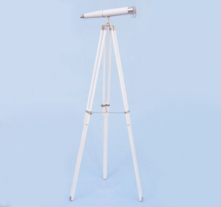 Hampton Nautical 62-Inch Collection Chrome with White Leather Binoculars on Tripod