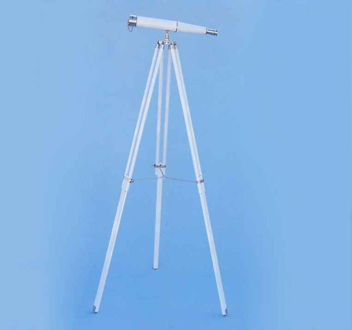 Hampton Nautical 62-Inch Collection Floor Standing Brushed Nickel with White Leather Binoculars Body Mounted on Tripod with Extended Legs