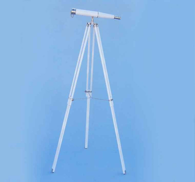 Hampton Nautical 62-Inch Collection Floor Standing Brushed Nickel with White Leather Binoculars Body Mounted on Tripod with Extended Legs