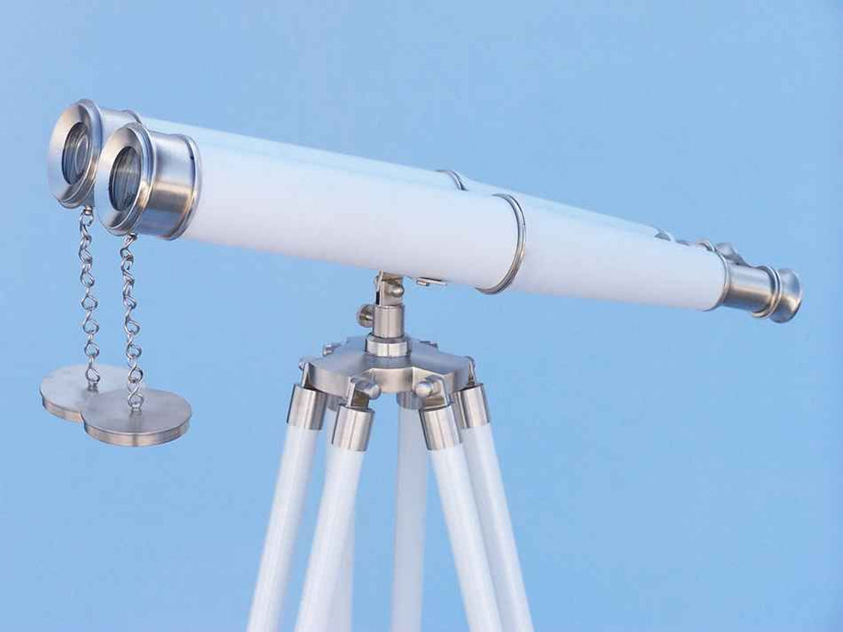 Hampton Nautical 62-Inch Collection Floor Standing Brushed Nickel with White Leather Binoculars Body Side Profile Left