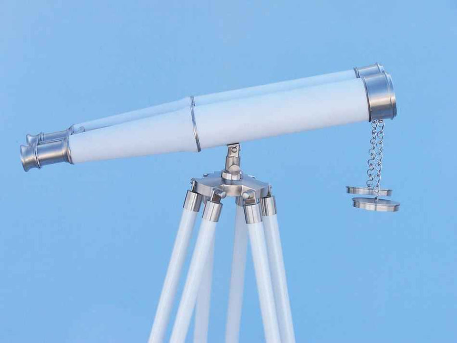 Hampton Nautical 62-Inch Collection Floor Standing Brushed Nickel with White Leather Binoculars Body Side Profile Right
