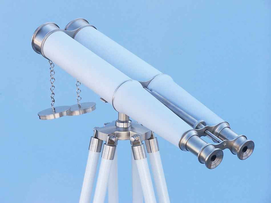 Hampton Nautical 62-Inch Collection Floor Standing Brushed Nickel with White Leather Binoculars Body on Tripod Standing Up