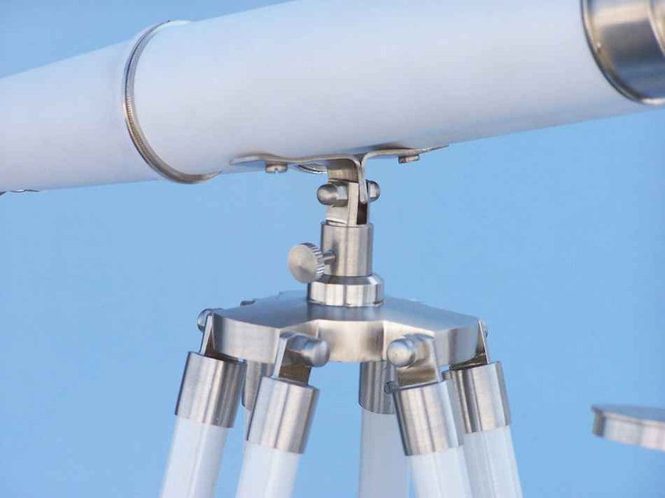 Hampton Nautical 62-Inch Collection Floor Standing Brushed Nickel with White Leather Binoculars Tripod Body Base with Knob