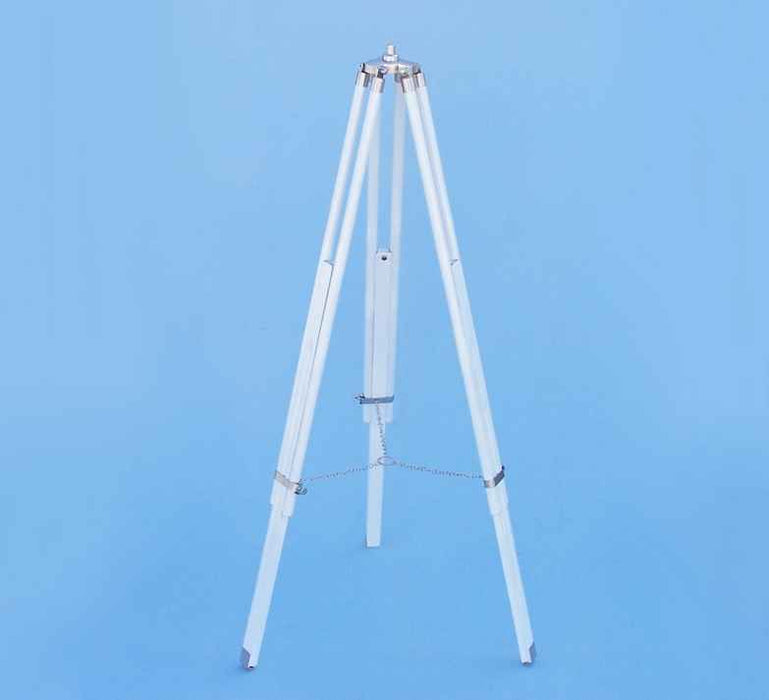 Hampton Nautical 62-Inch Collection Floor Standing Brushed Nickel with White Leather Binoculars Tripod with Extended Legs and Chain