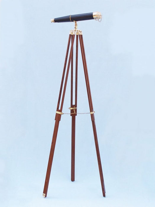 Hampton Nautical 62-Inch Floor Standing Admiral's Brass and Leather Binoculars Mounted on Tripod with Extended Legs Right Side Profile