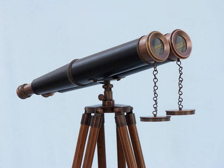 Hampton Nautical 62-Inch Floor Standing Admiral's Bronzed with Leather Binoculars Objective Lenses and Caps Right Side Profile