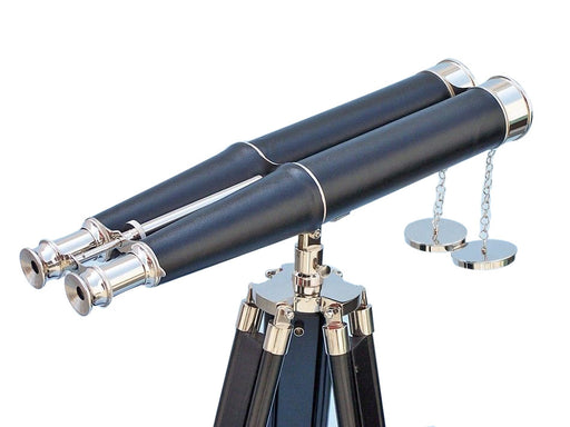 Hampton Nautical 62-Inch Floor Standing Admiral's Chrome and Leather Binoculars on Stand