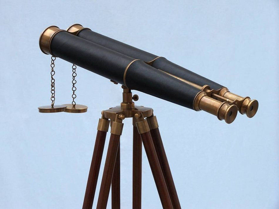 Hampton Nautical 62-Inch Floor Standing Admirals Antique Brass Binoculars with Leather Body Eyepieces on Tripod Left Side Profile