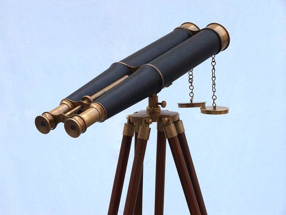 Hampton Nautical 62-Inch Floor Standing Admirals Antique Brass Binoculars with Leather Body Mounted on Tripod