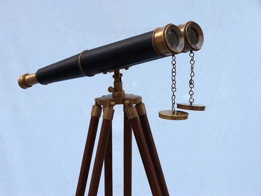 Hampton Nautical 62-Inch Floor Standing Admirals Antique Brass Binoculars with Leather Body Side Profile Right