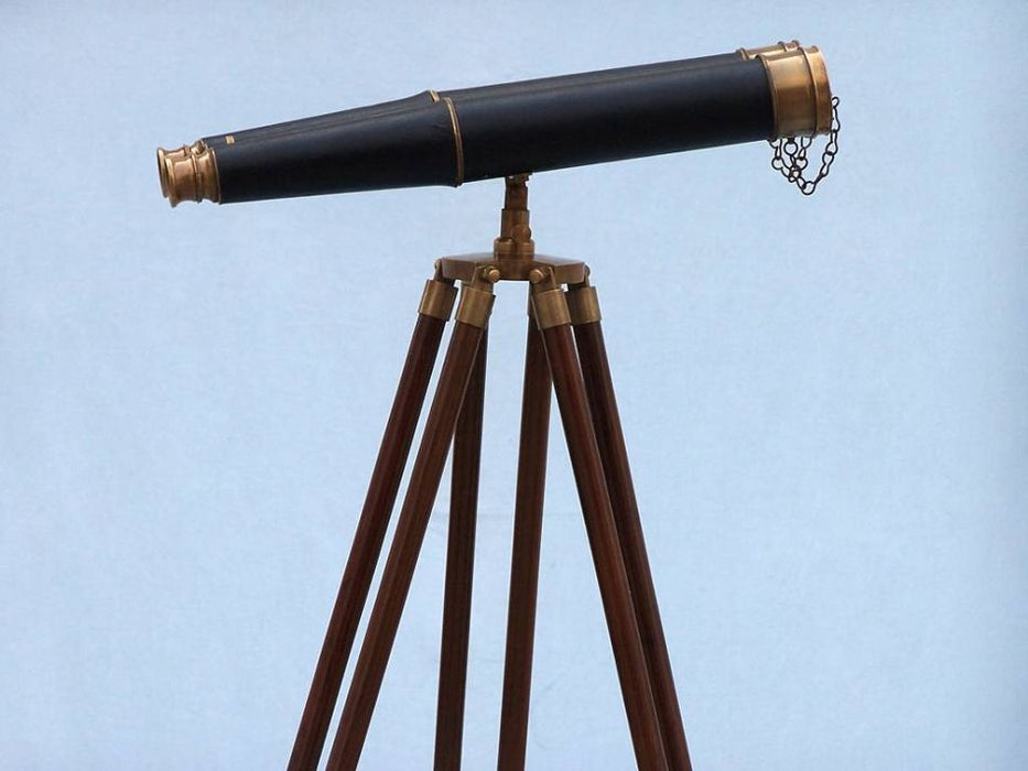 Hampton Nautical 62-Inch Floor Standing Admirals Antique Brass Binoculars with Leather on Tripod with Lens Caps On