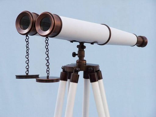 Hampton Nautical 62-Inch Floor Standing Admirals Bronzed with White Leather Binoculars Objective Lenses and Caps