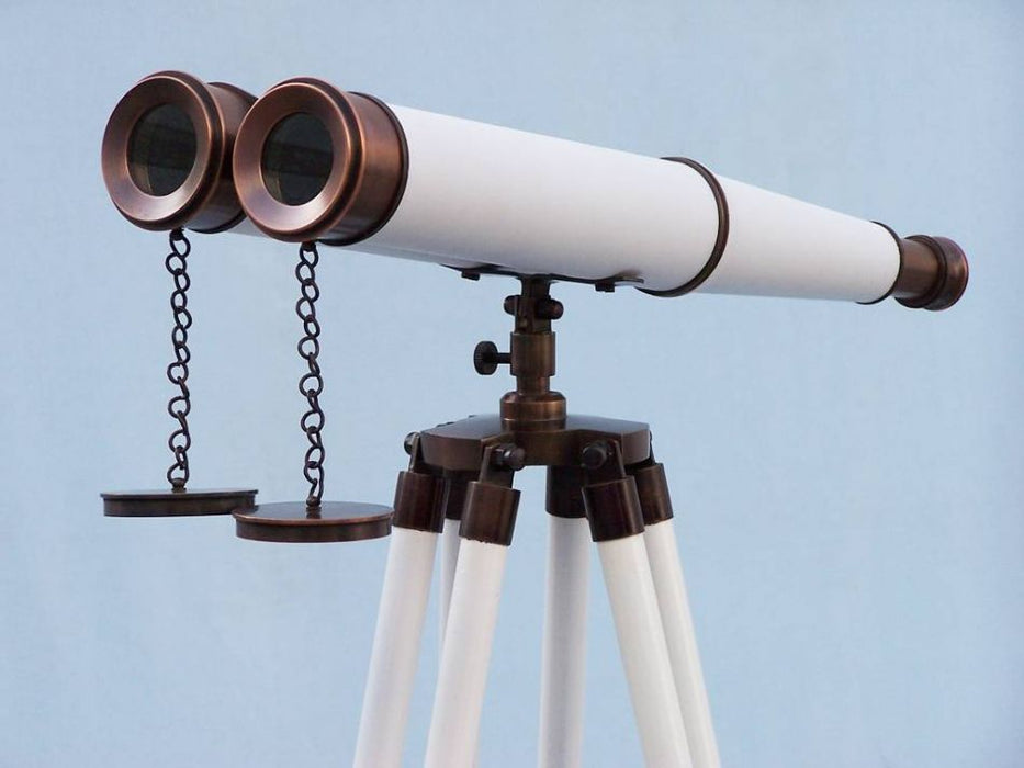 Hampton Nautical 62-Inch Floor Standing Admirals Bronzed with White Leather Binoculars Objective Lenses and Caps