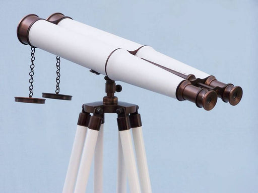 Hampton Nautical 62-Inch Floor Standing Bronze With White Leather Binoculars Body with Lens Cover in Chains