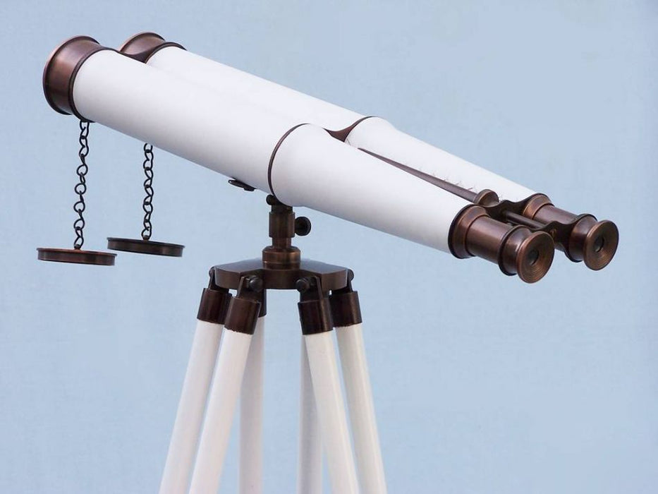 Hampton Nautical 62-Inch Floor Standing Bronze With White Leather Binoculars Body with Lens Cover in Chains