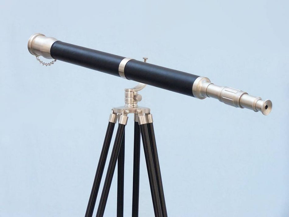Hampton Nautical 62-Inch Floor Standing Brushed Nickel with Leather Galileo Telescope Body on Tripod Side Profile Left