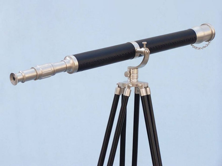 Hampton Nautical 62-Inch Floor Standing Brushed Nickel with Leather Galileo Telescope Body on Tripod Side Profile Right