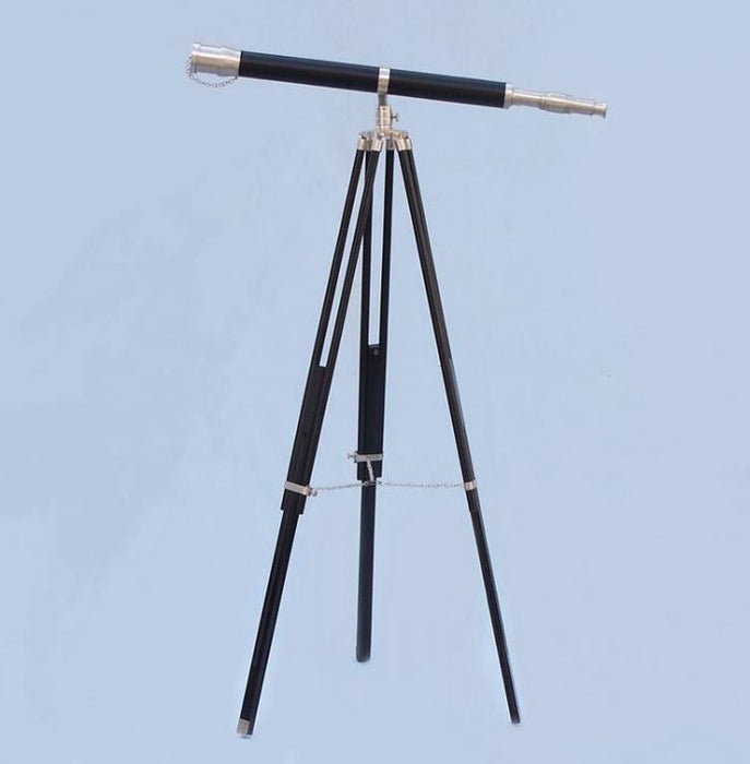 Hampton Nautical 62-Inch Floor Standing Brushed Nickel with Leather Galileo Telescope Mounted on Tripod