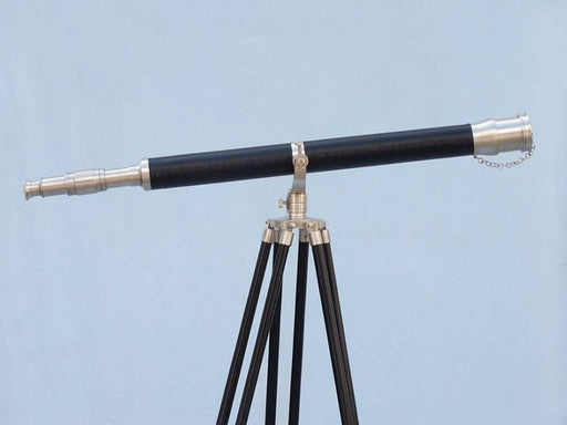 Hampton Nautical 62-Inch Floor Standing Brushed Nickel with Leather Galileo Telescope on Tripod Side Profile Right