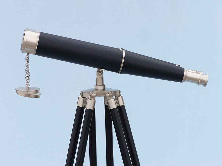 Hampton Nautical 62-inch Floor Standing Admiral's Brushed Nickel with Leather Binoculars Body Side Profile Left