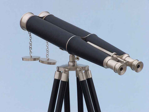 Hampton Nautical 62-inch Floor Standing Admiral's Brushed Nickel with Leather Binoculars Body on Tripod