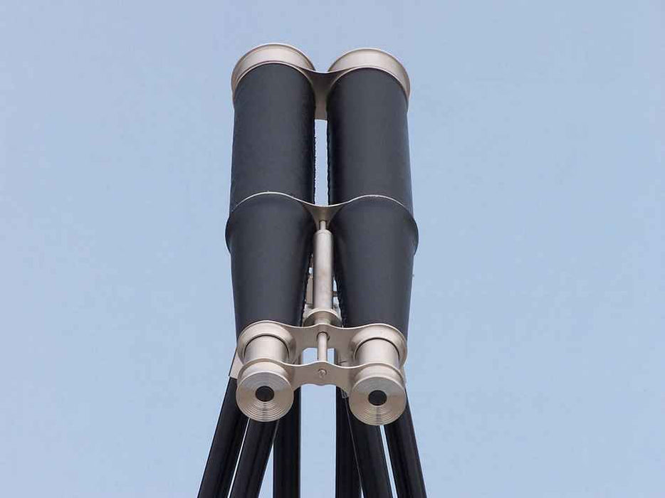 Hampton Nautical 62-inch Floor Standing Admiral's Brushed Nickel with Leather Binoculars Eyepieces