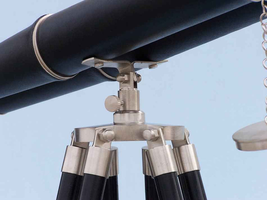 Hampton Nautical 62-inch Floor Standing Admiral's Brushed Nickel with Leather Binoculars Tripod Body Base with Knob